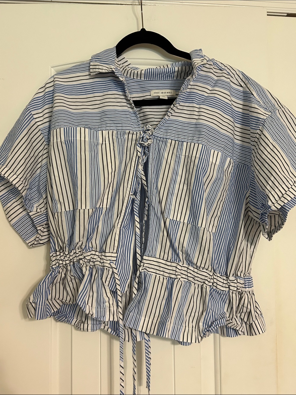 Blue & White Striped Tie-Front Peplum Blouse